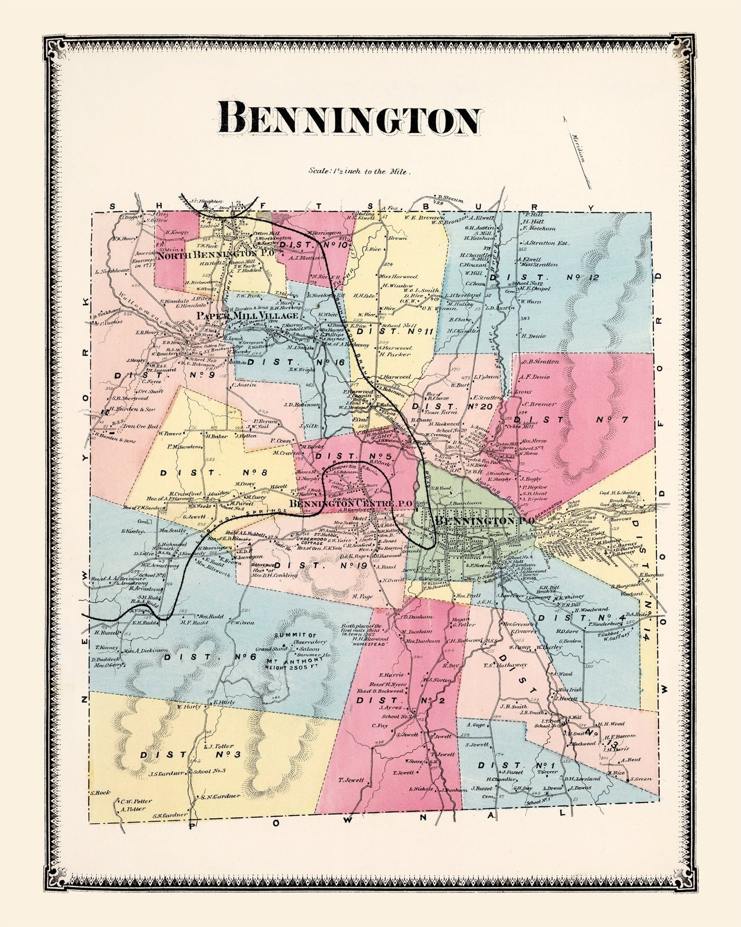 Vintage Map of Bennington Township, Vermont, 1869