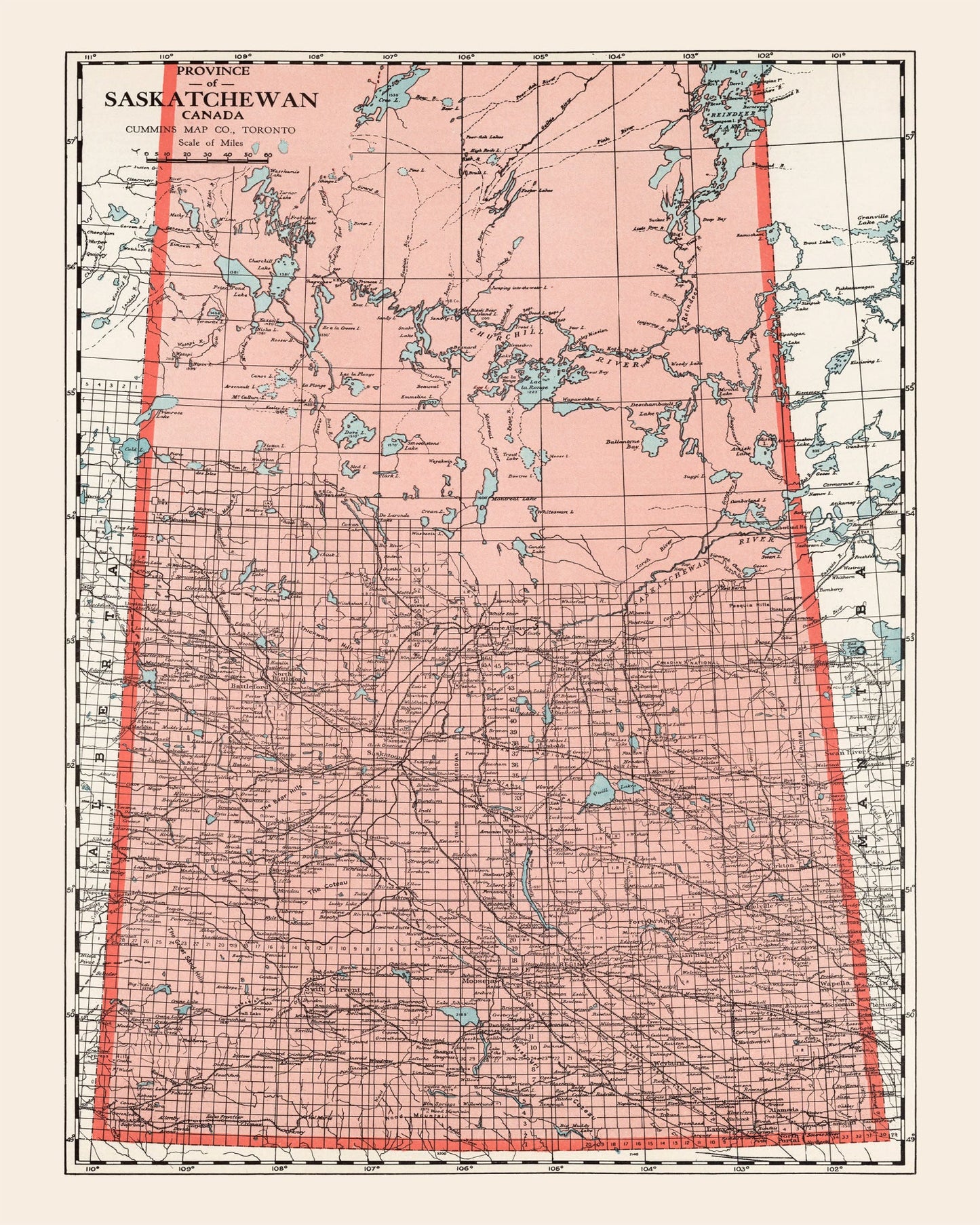 Vintage Map of Saskatchewan, Canada, 1925