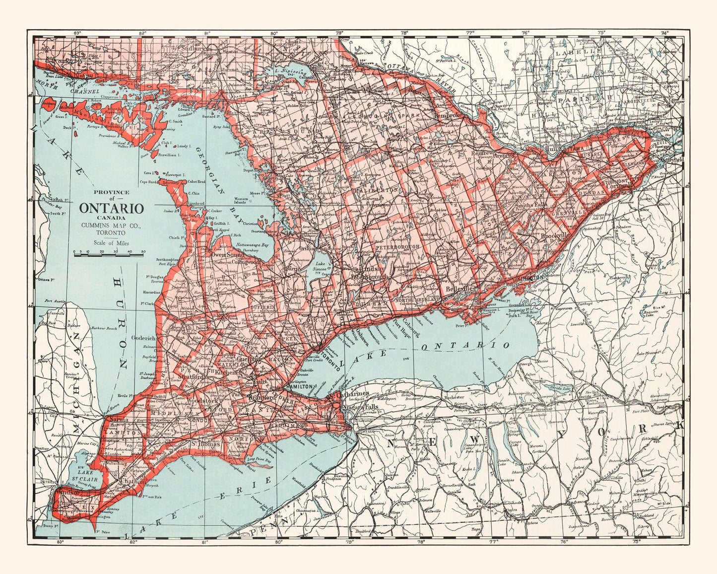Vintage Map of Ontario, Canada, 1925