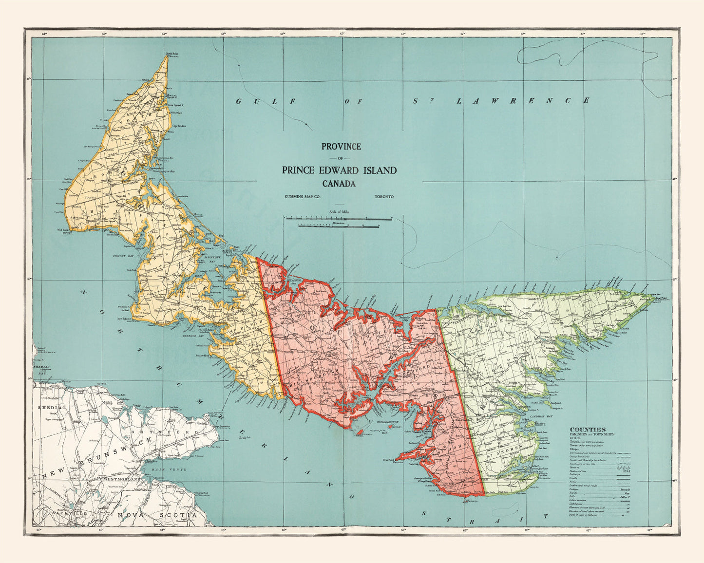 Vintage Map of Prince Edward Island, Canada, 1925