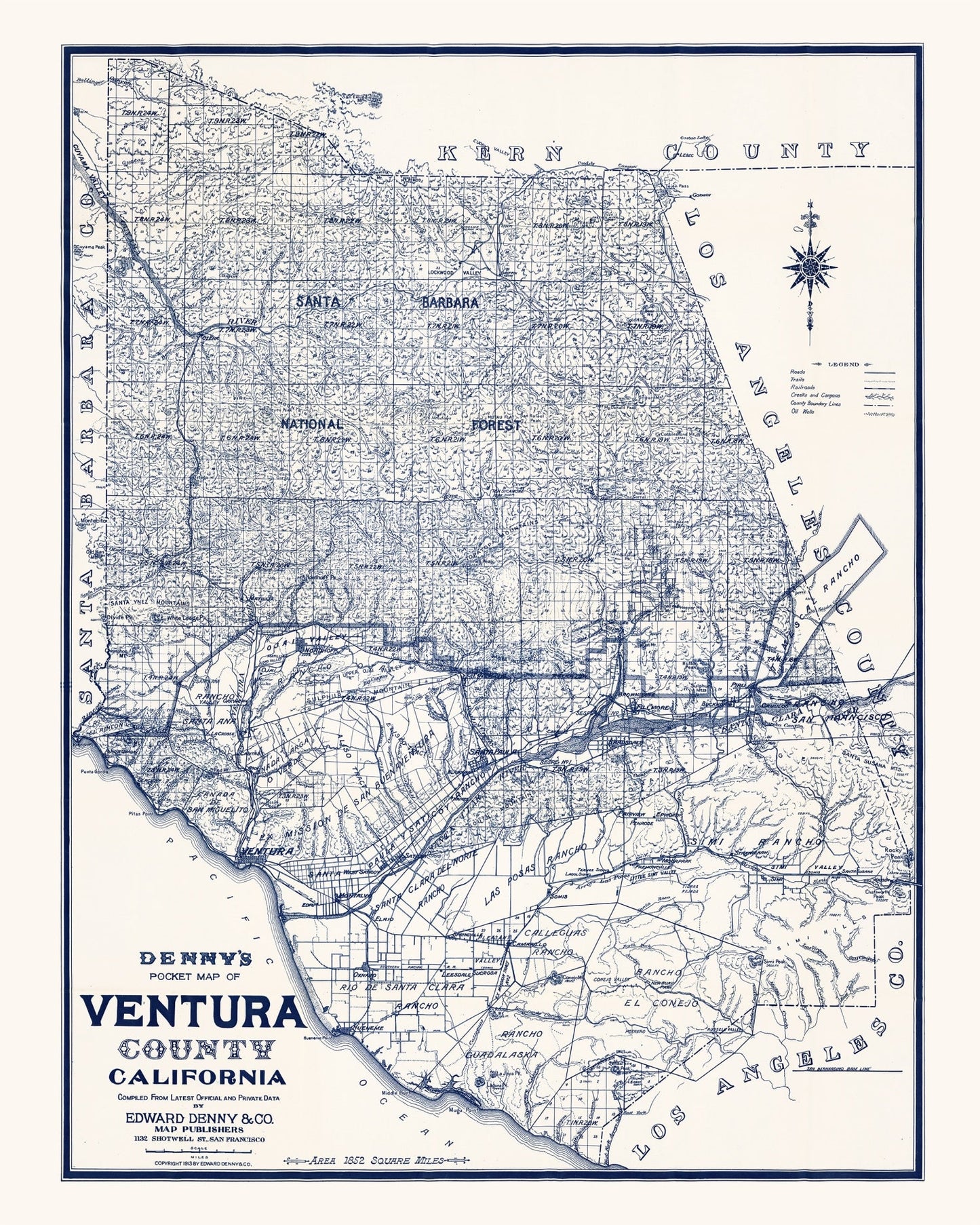 Vintage Map of Ventura County, California, 1913