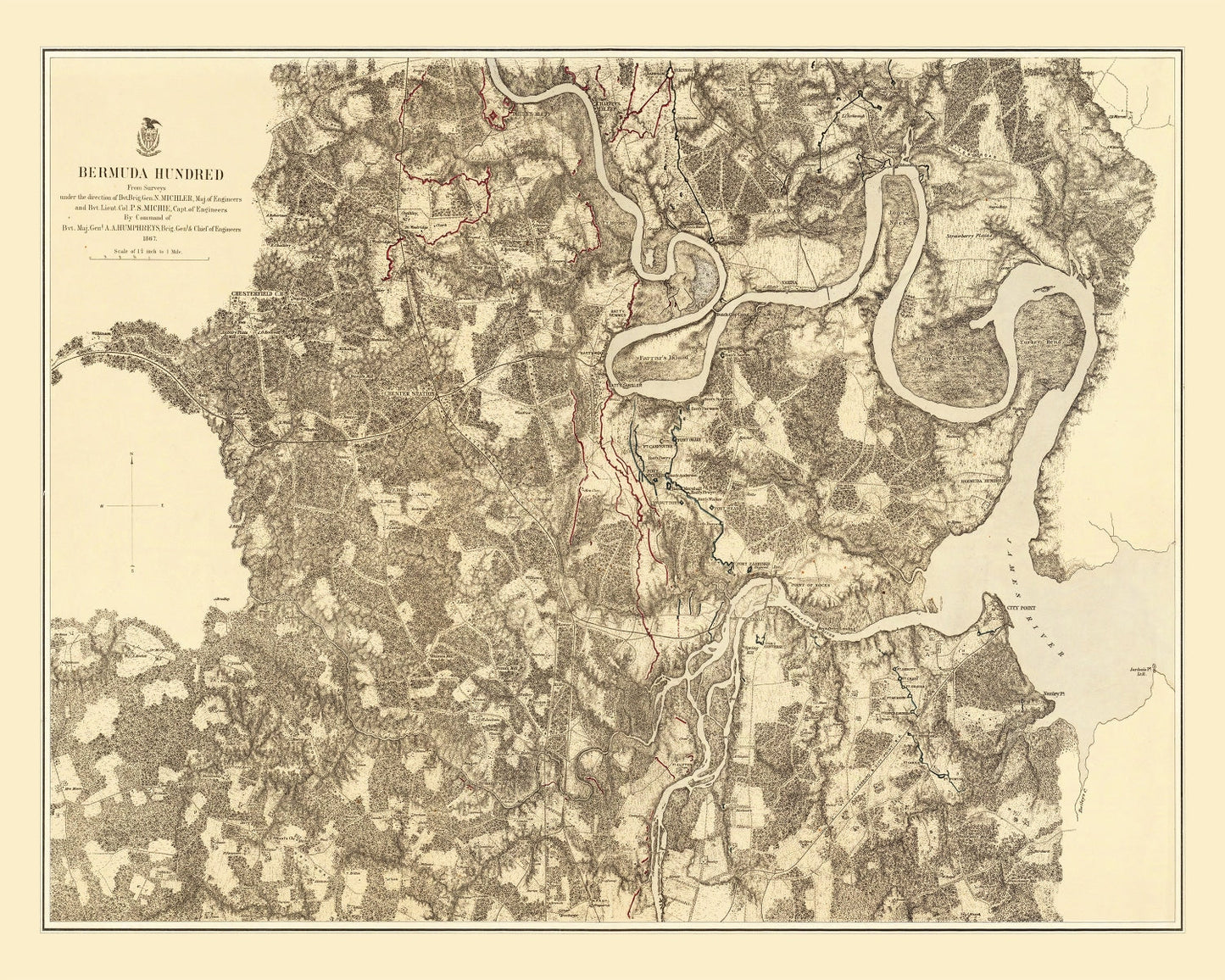 Vintage Map of the Battle of Bermuda Hundred, Virginia, 1869