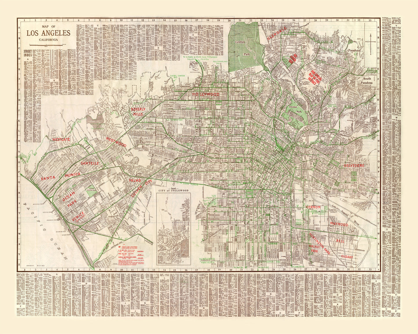 Vintage Map of Los Angeles, California, 1928