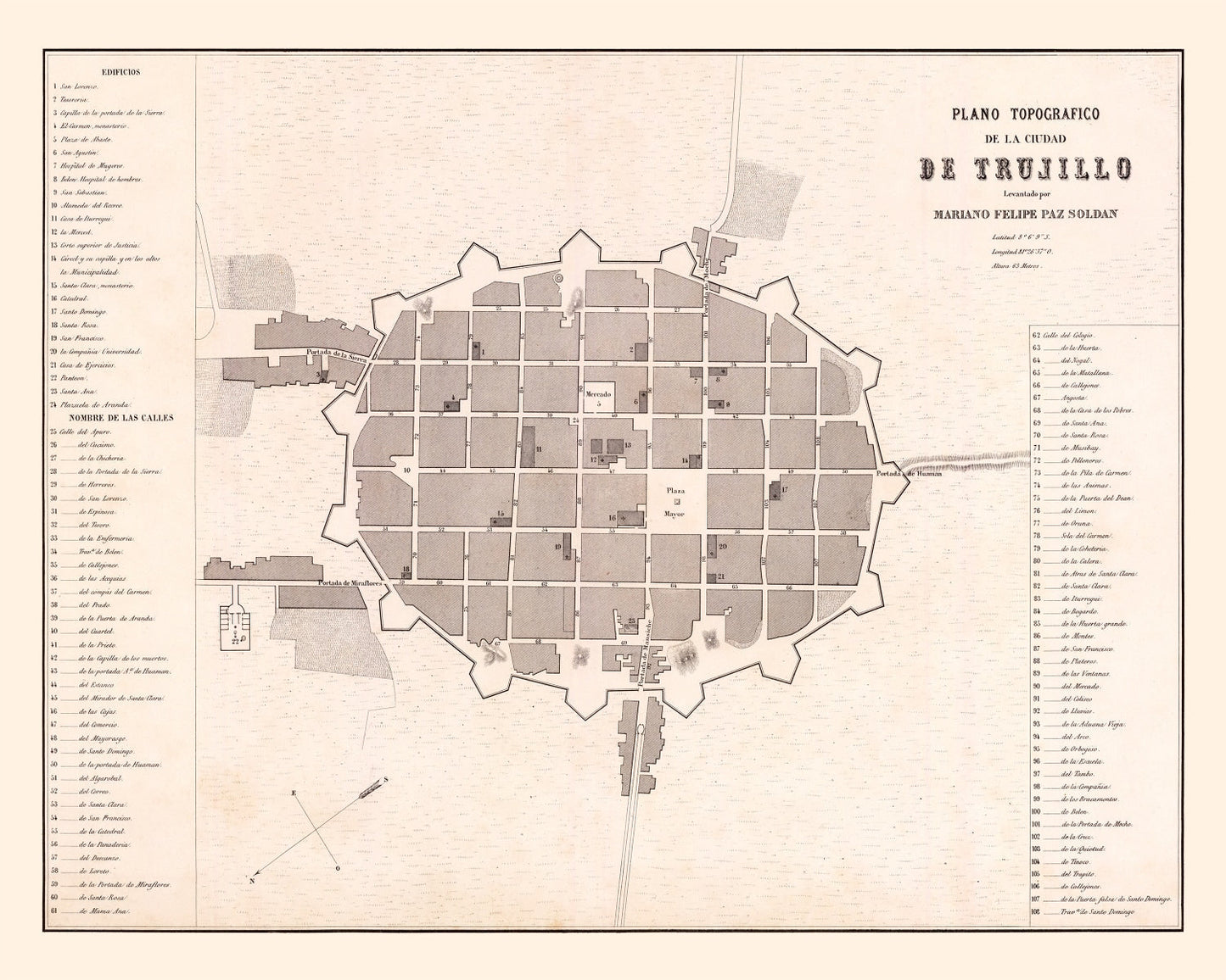 Vintage Map of Trujillo, Peru, 1865