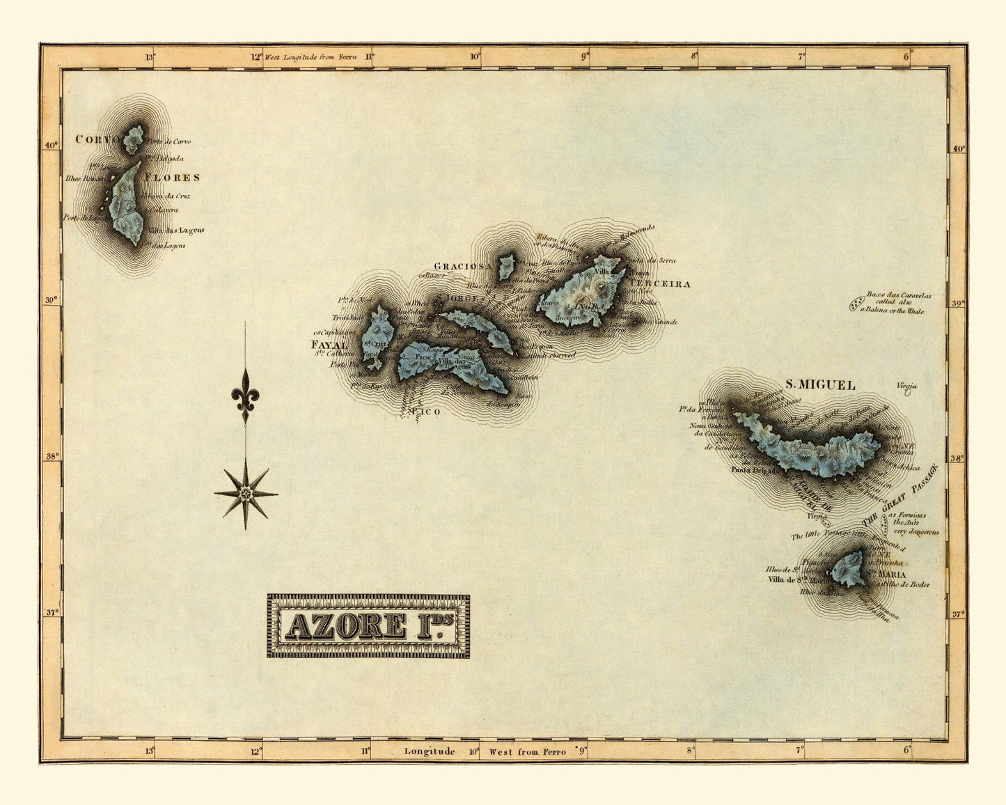 Vintage Map of the Azore Islands, 1823