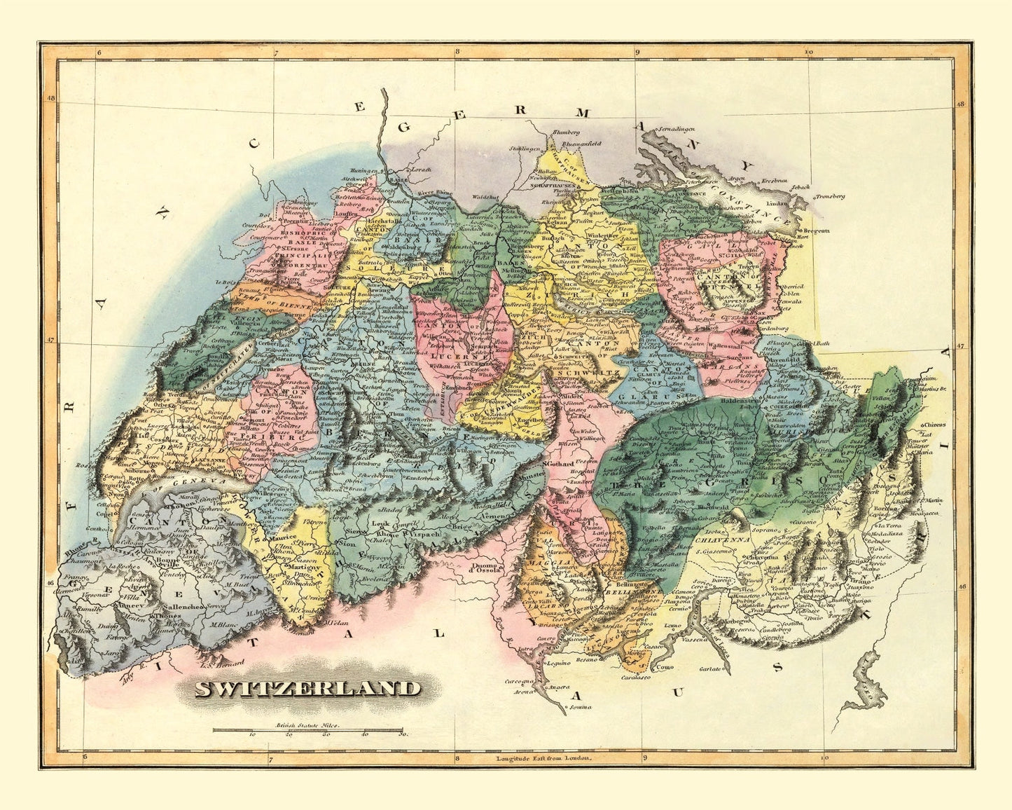Vintage Map of Switzerland, 1823