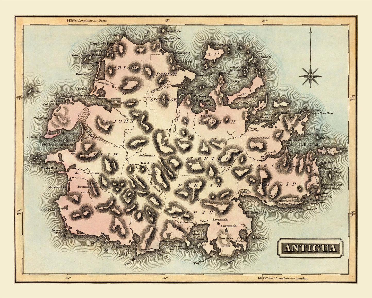 Vintage Map of Antigua, 1823