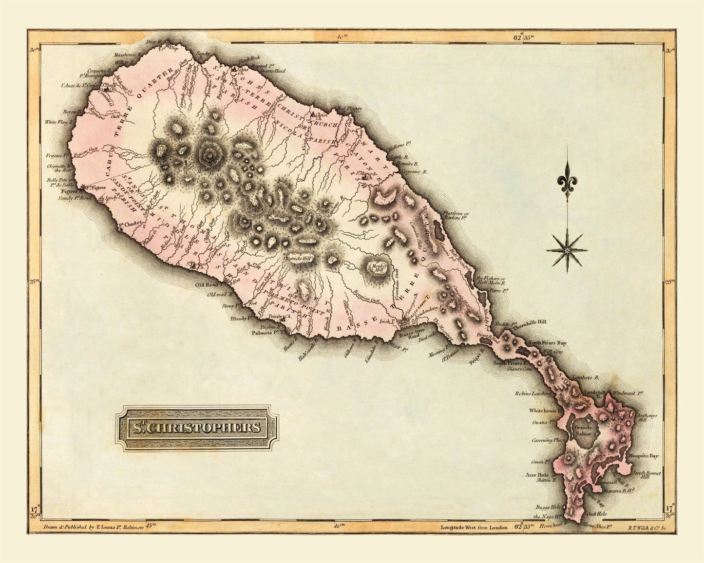 Vintage Map of St. Kitts (St. Christopher), 1823