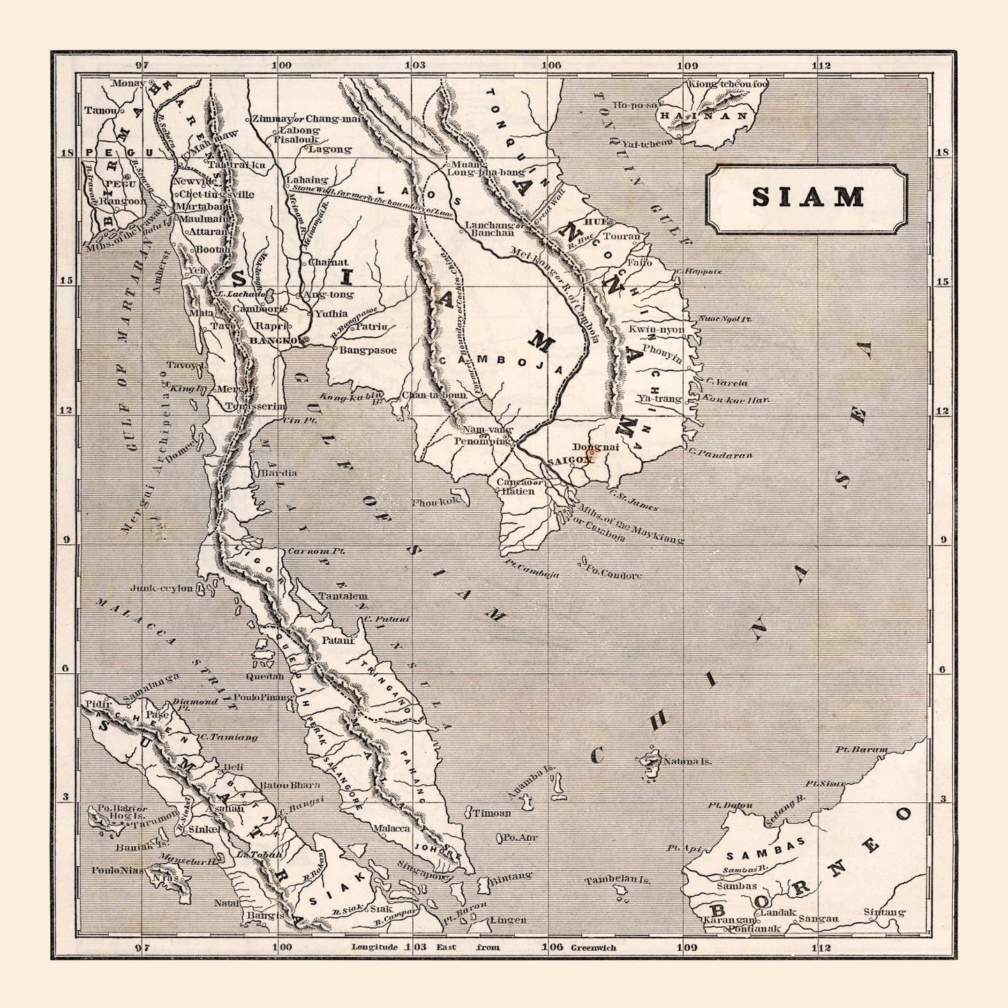 Vintage Map of Thailand, 1848