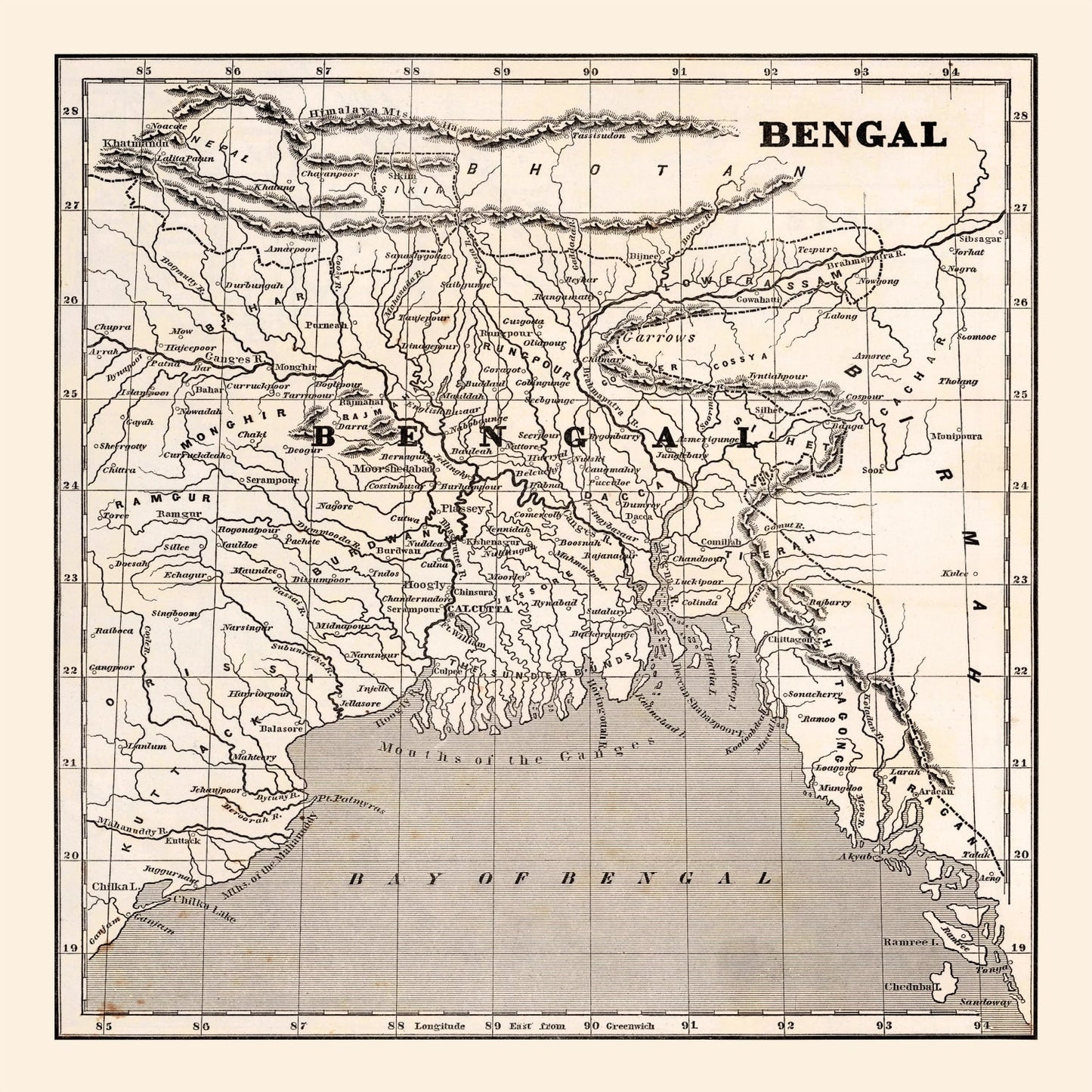 Vintage Map of Bengal, India, 1848