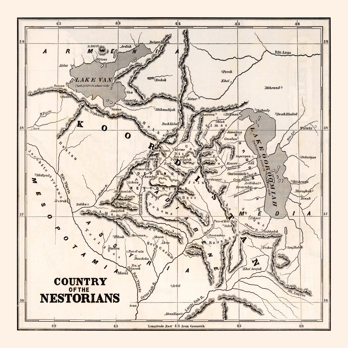 Vintage Map of the Country of the Nestorians, 1848