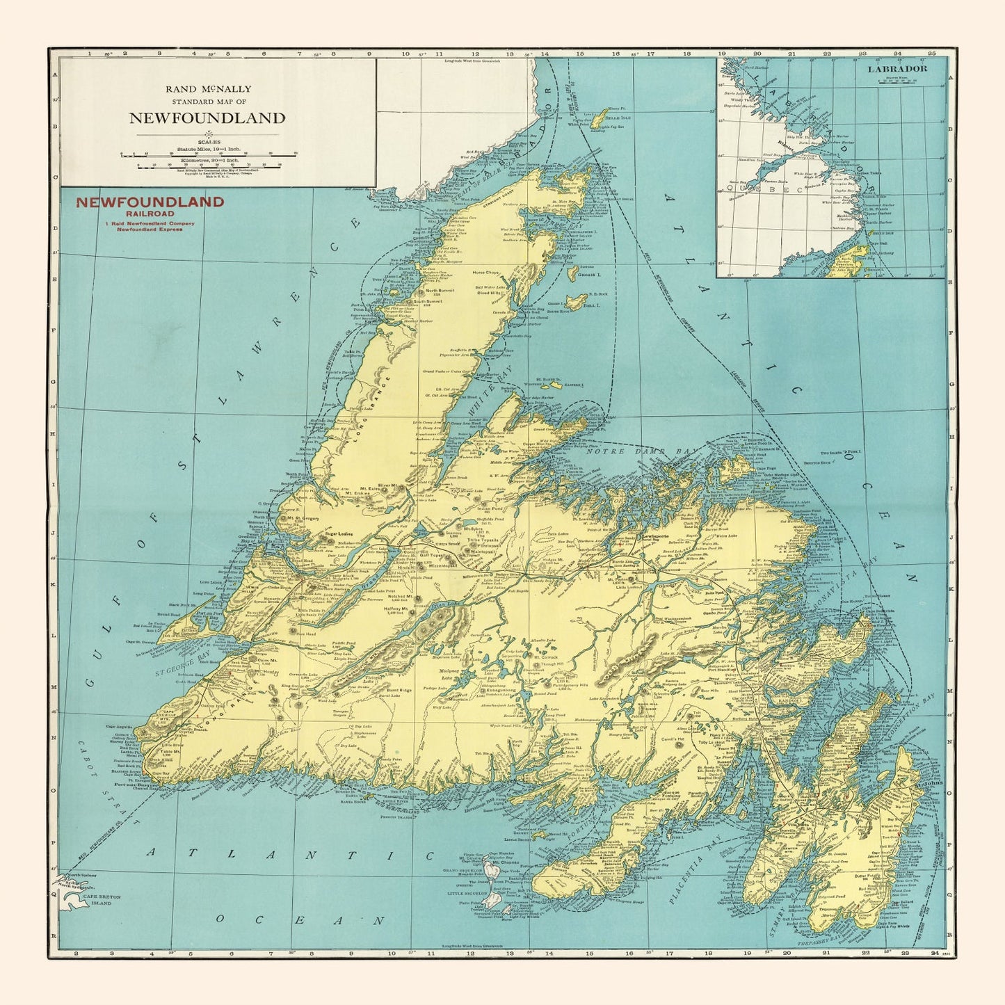 Vintage Map of Newfoundland, Canada, 1924