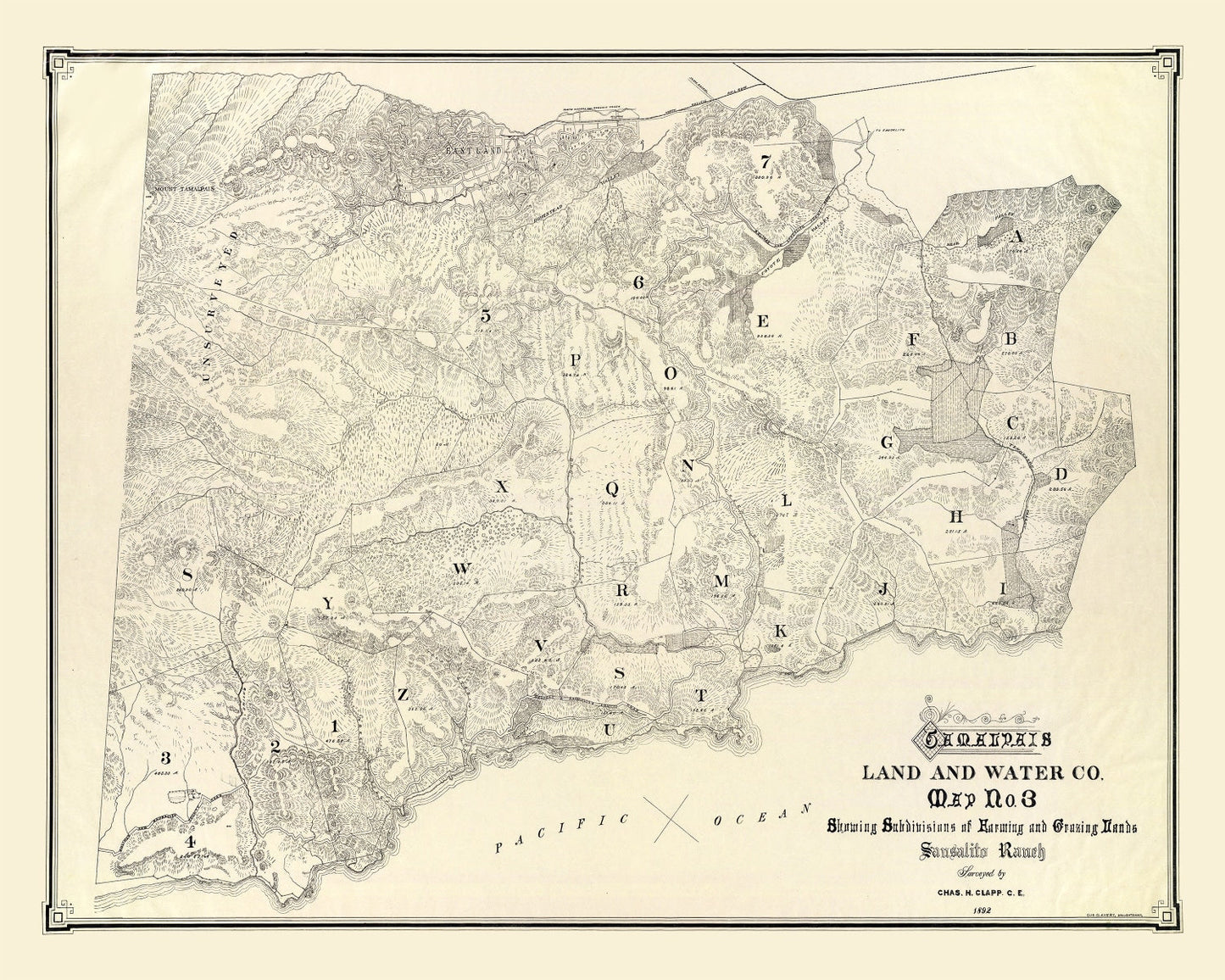 Vintage Map of Mount Tamalpais, California, 1892
