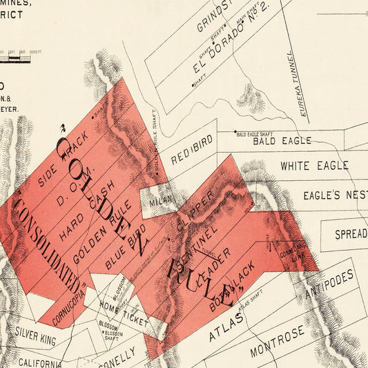 Vintage Map of the Gold Rule Mine, Nevada, 1865