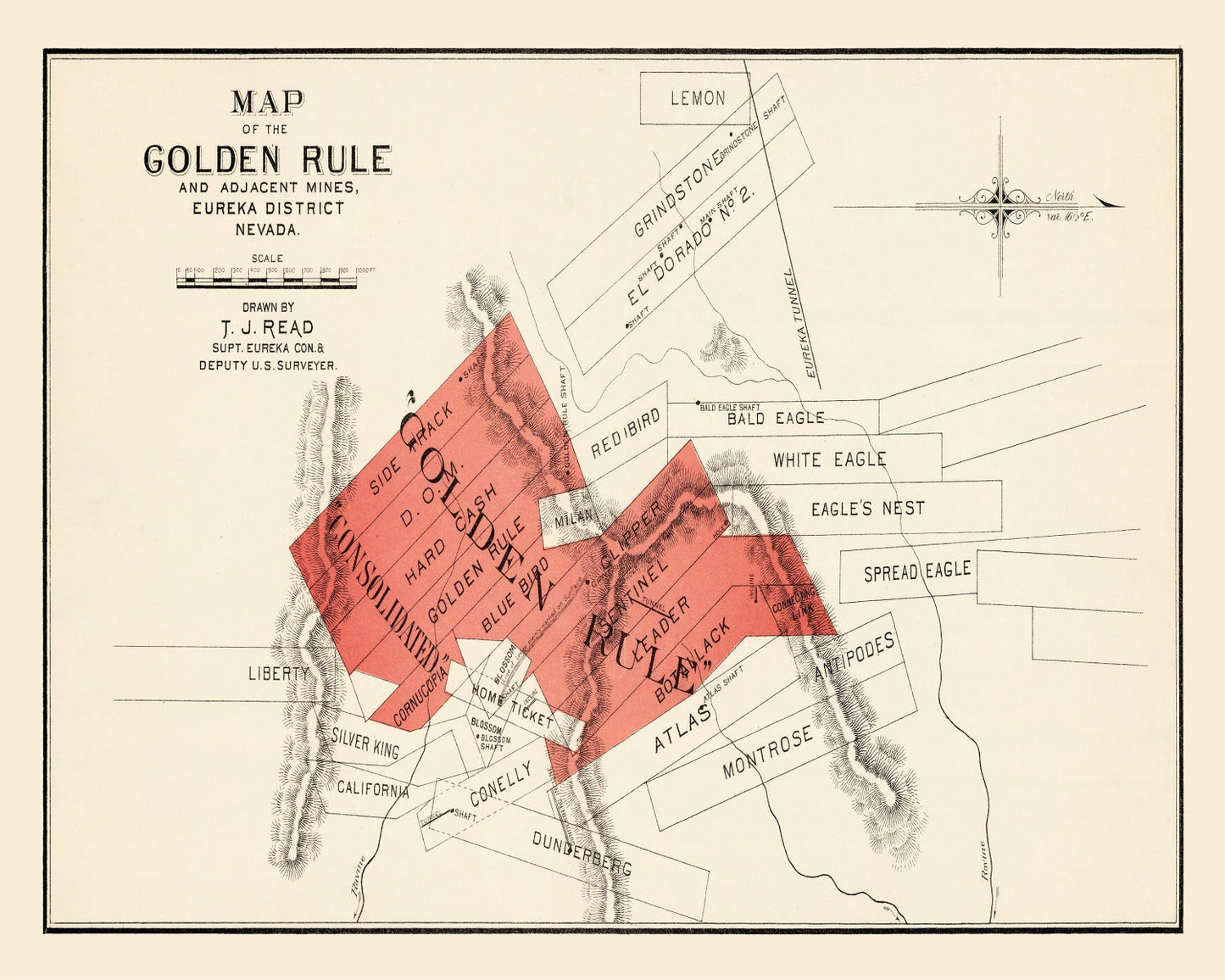 Vintage Map of the Gold Rule Mine, Nevada, 1865