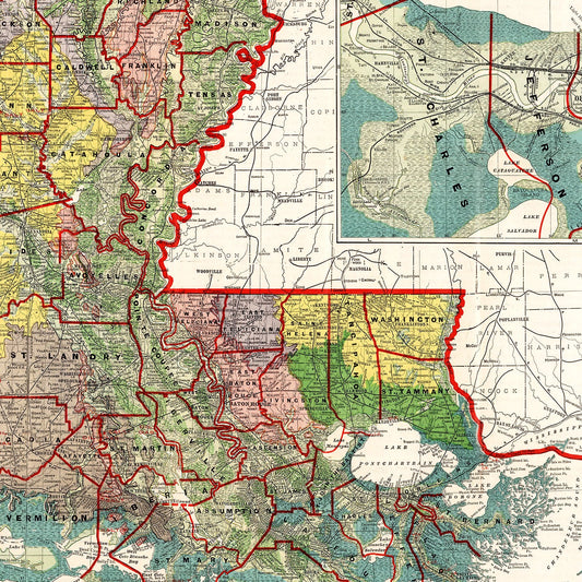 Vintage Map of Louisiana, 1908