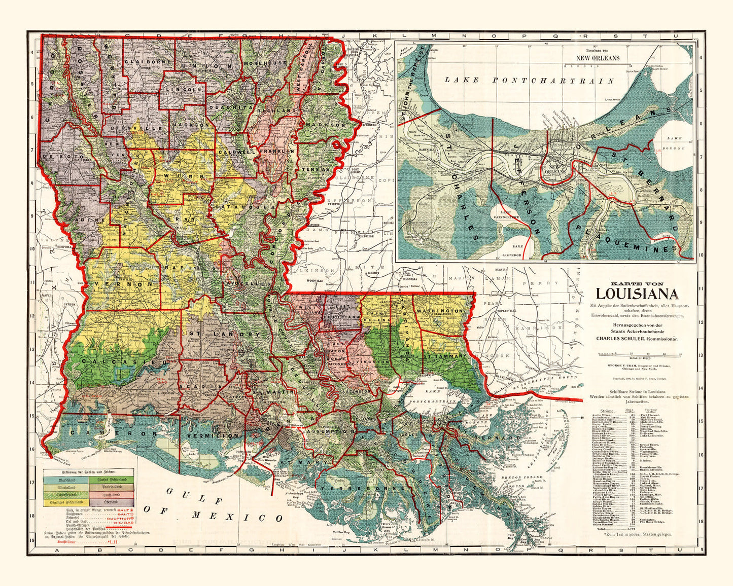Vintage Map of Louisiana, 1908