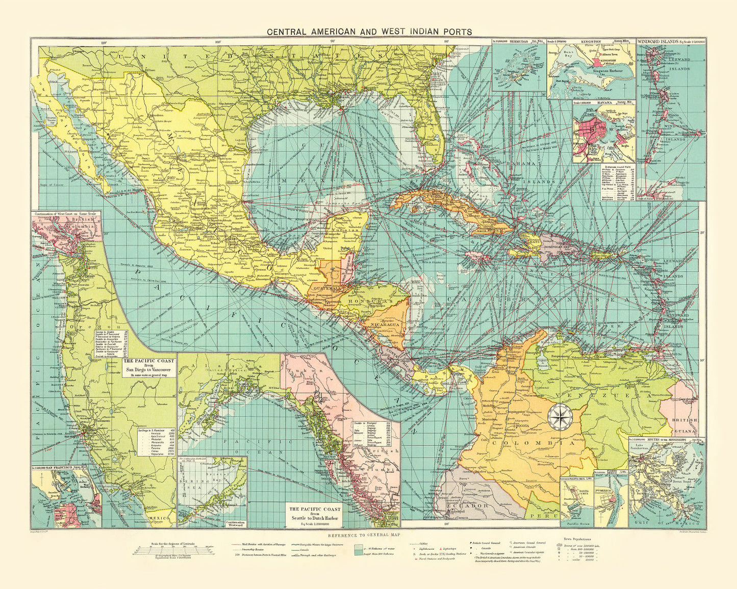 Vintage Map of Central American and West Indies Ports, 1922