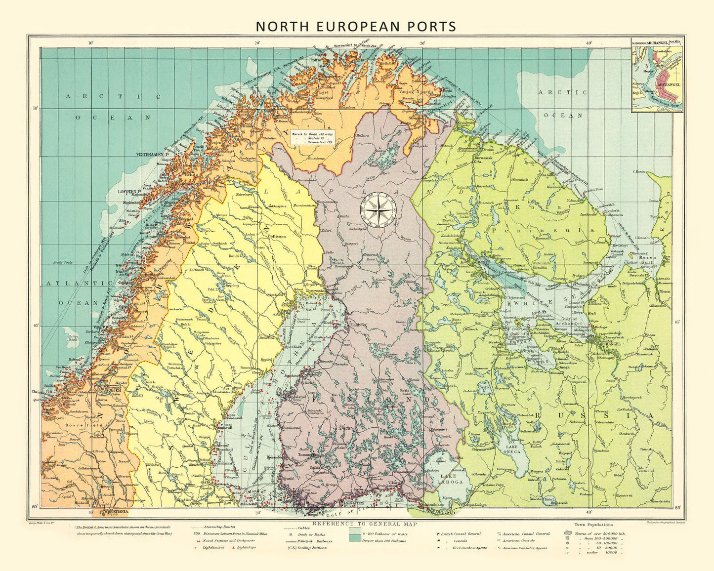 Vintage Map of Northern European Ports, Norway, 1922