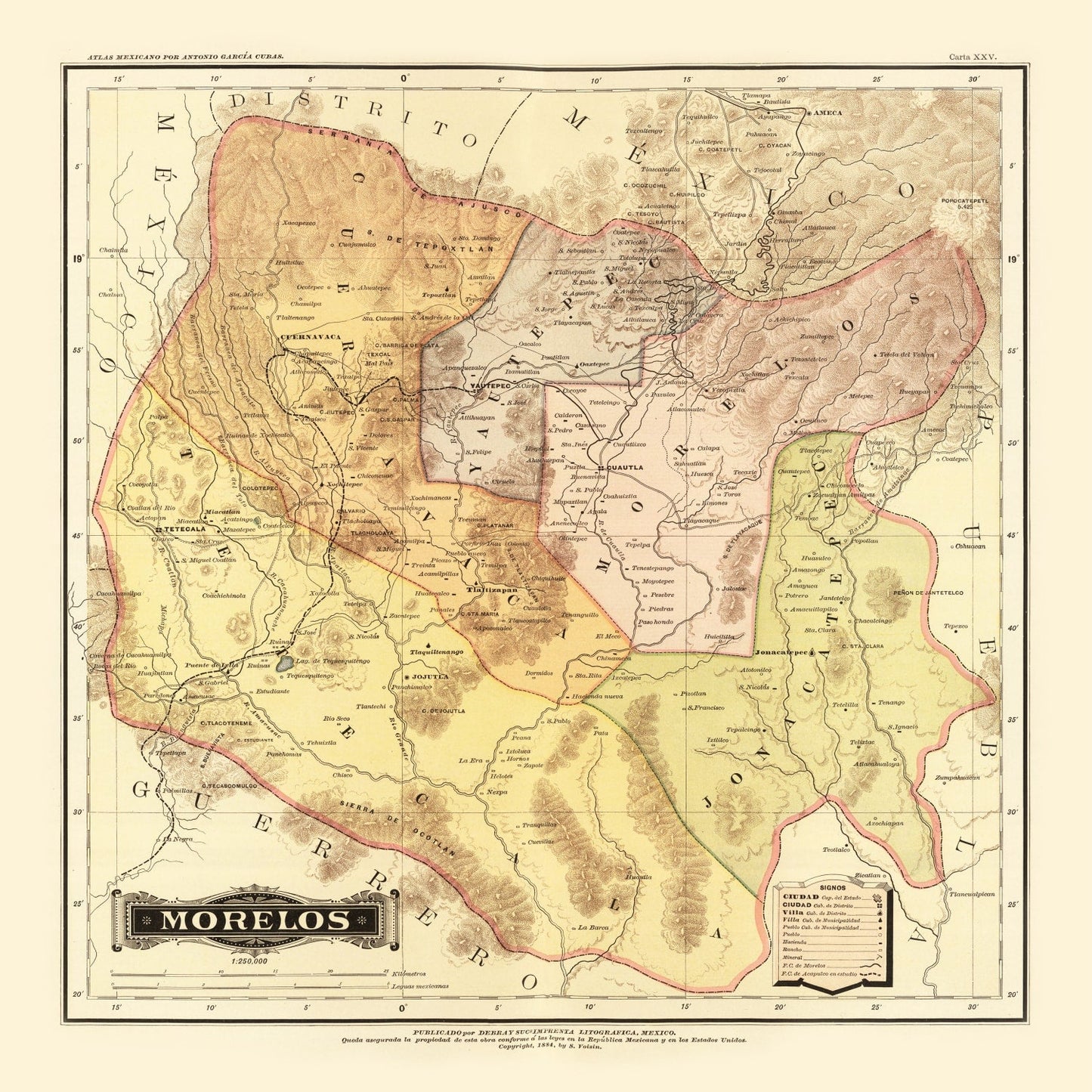 Vintage Map of Morelos, Mexico, 1886