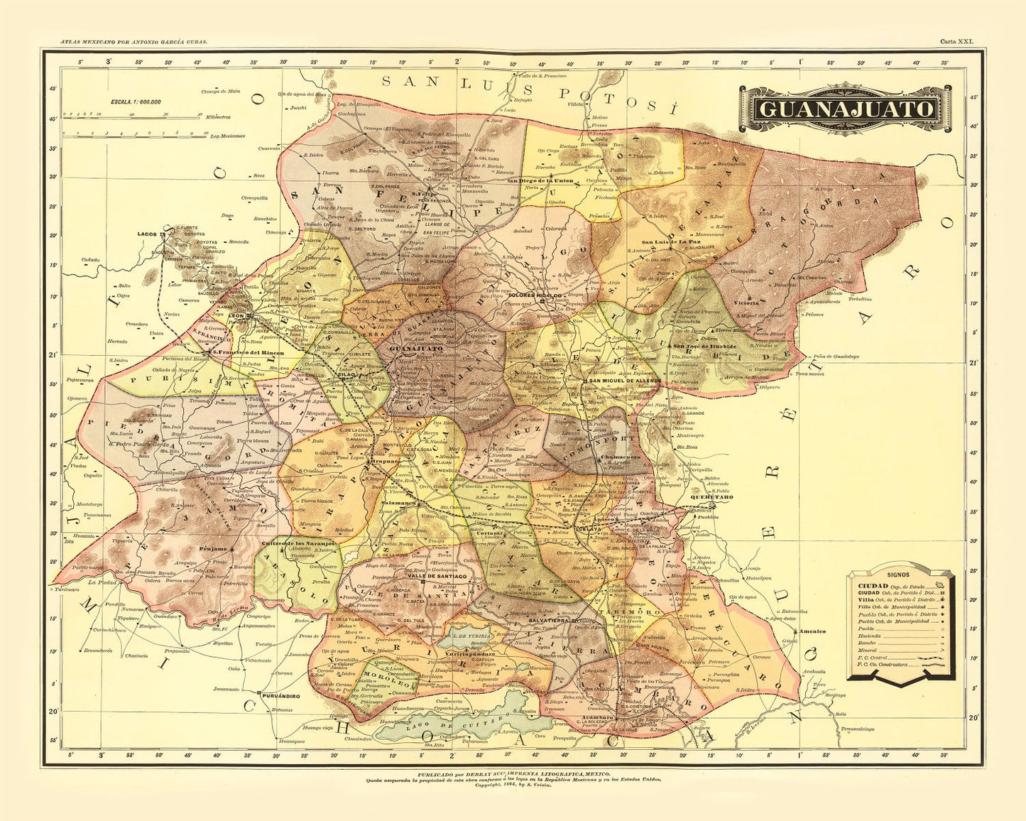 Vintage Map of Guanajuato, Mexico, 1886