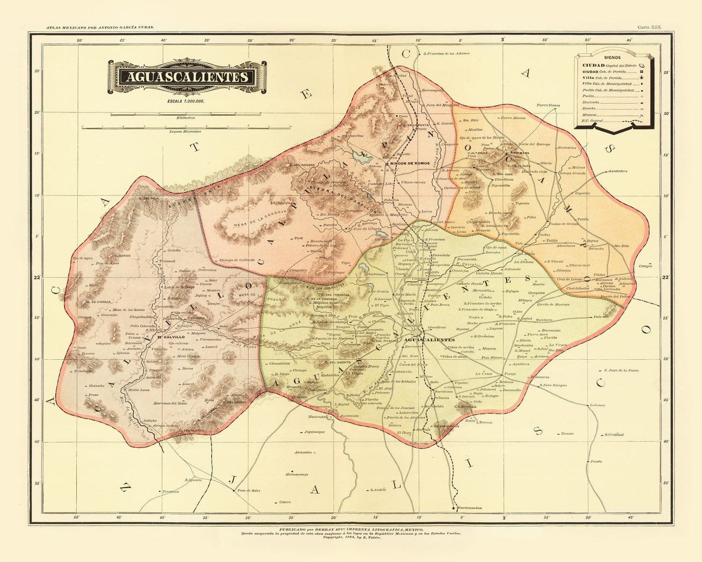 Vintage Map of Aguascalientes, Mexico, 1886