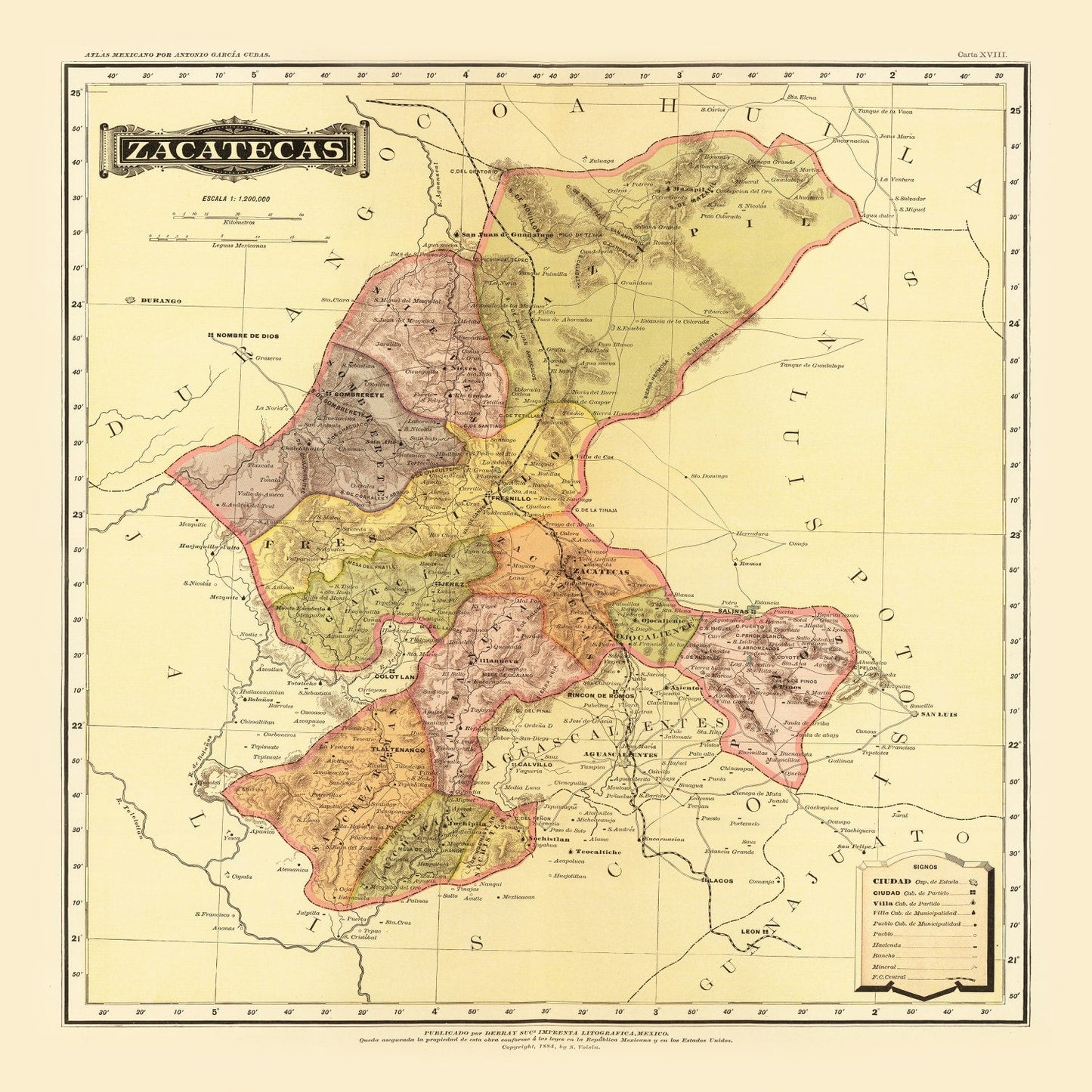 Vintage Map of Zacatecas, Mexico, 1886