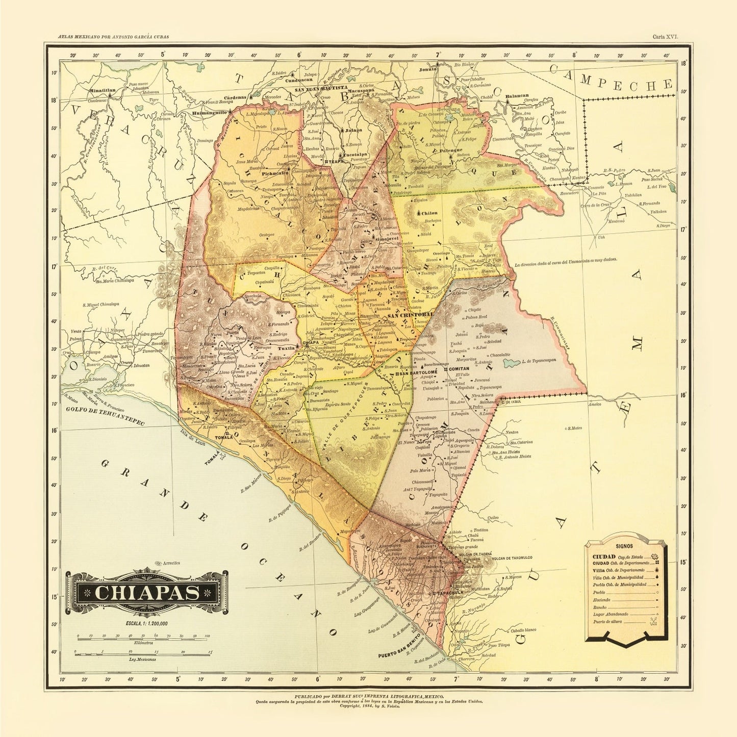 Vintage Map of Chiapas, Mexico, 1886