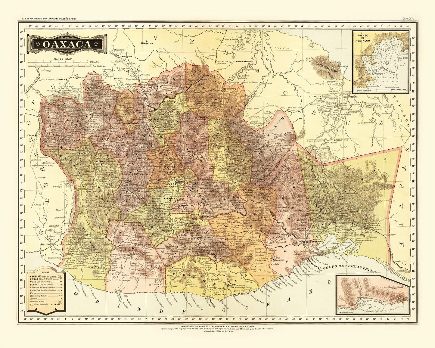 Vintage Map of Oaxaca, Mexico, 1886