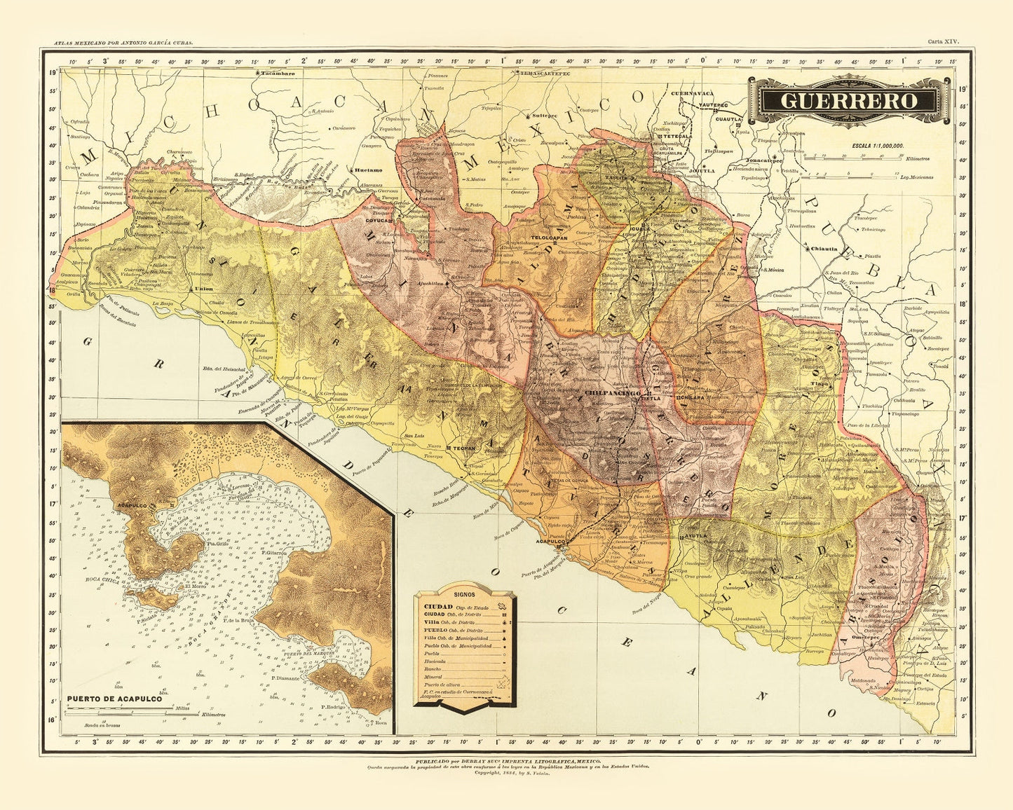 Vintage Map of Guerrero, Mexico, 1886