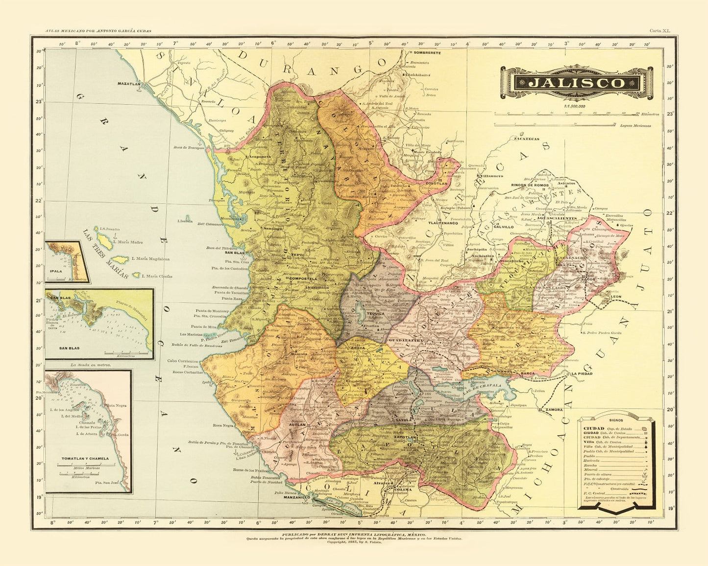 Vintage Map of Jalisco, Mexico, 1886