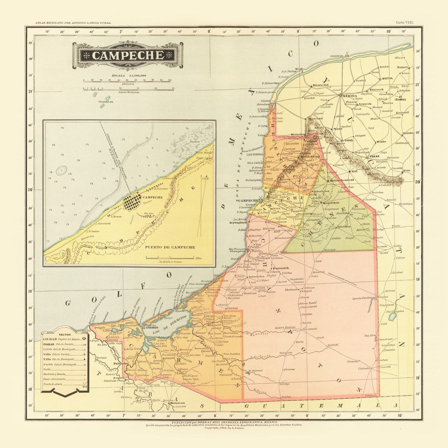Vintage Map of Campeche, Mexico, 1886 | Wall Art