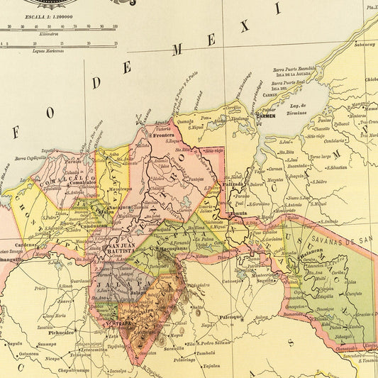 Vintage Map of Tabasco, Mexico, 1886
