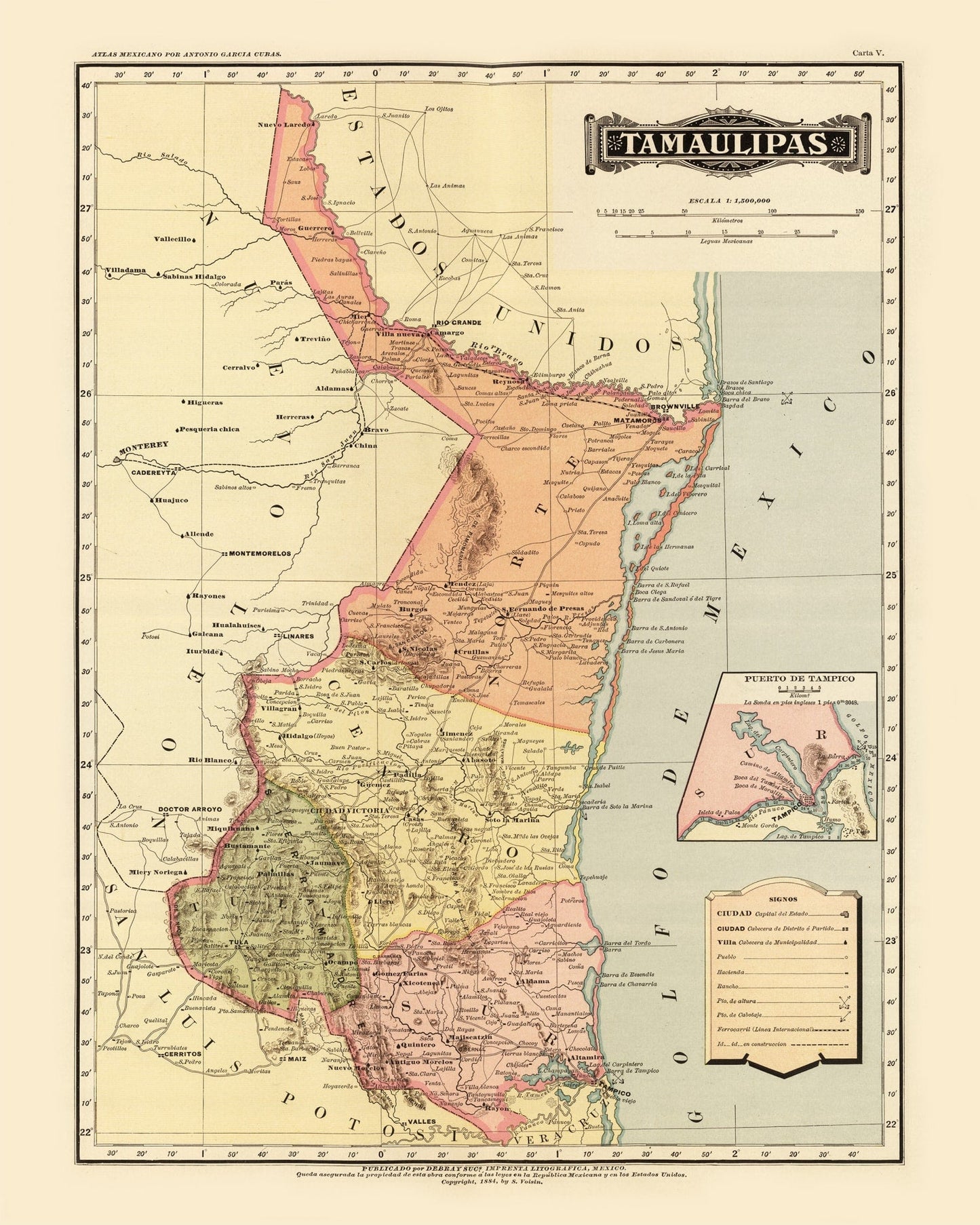 Vintage Map of Tamaulipas, Mexico, 1886