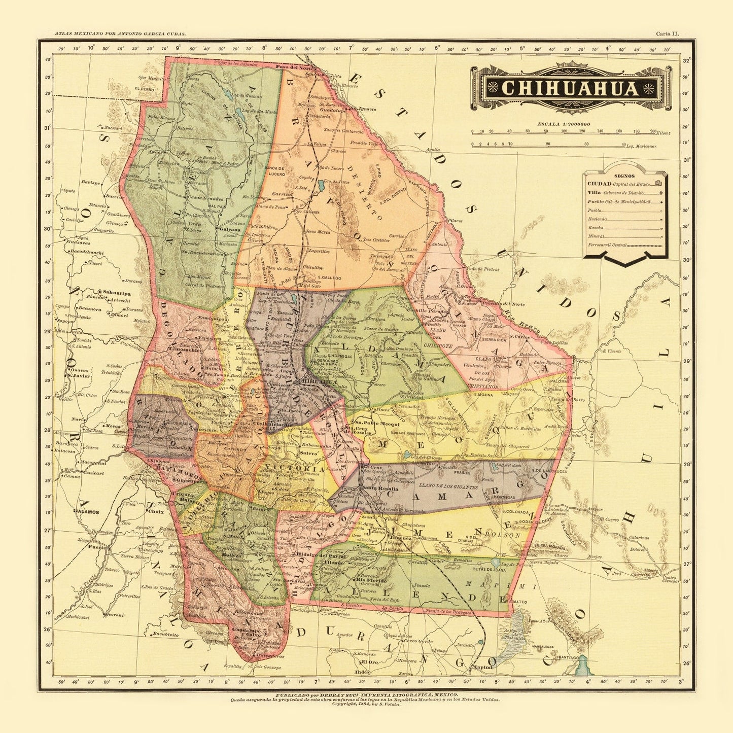 Vintage Map of Chihuahua, Mexico, 1886
