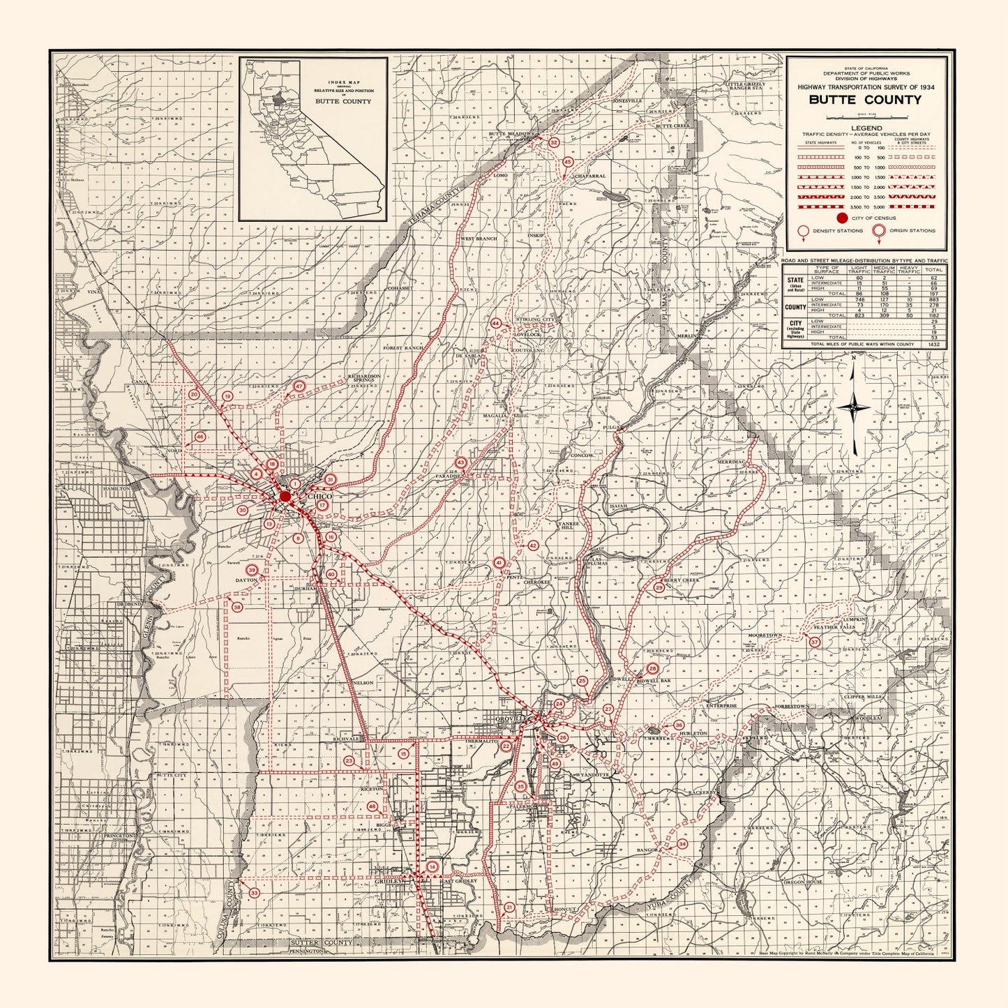 Vintage Map of Butte County, California, 1935 Wall Art