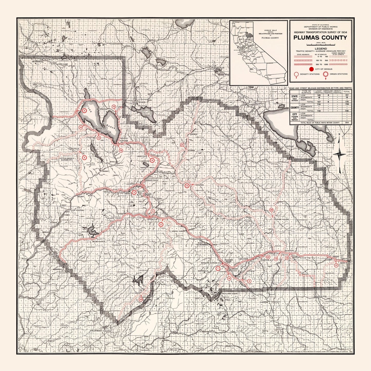 Vintage Map of Plumas County, California, 1935