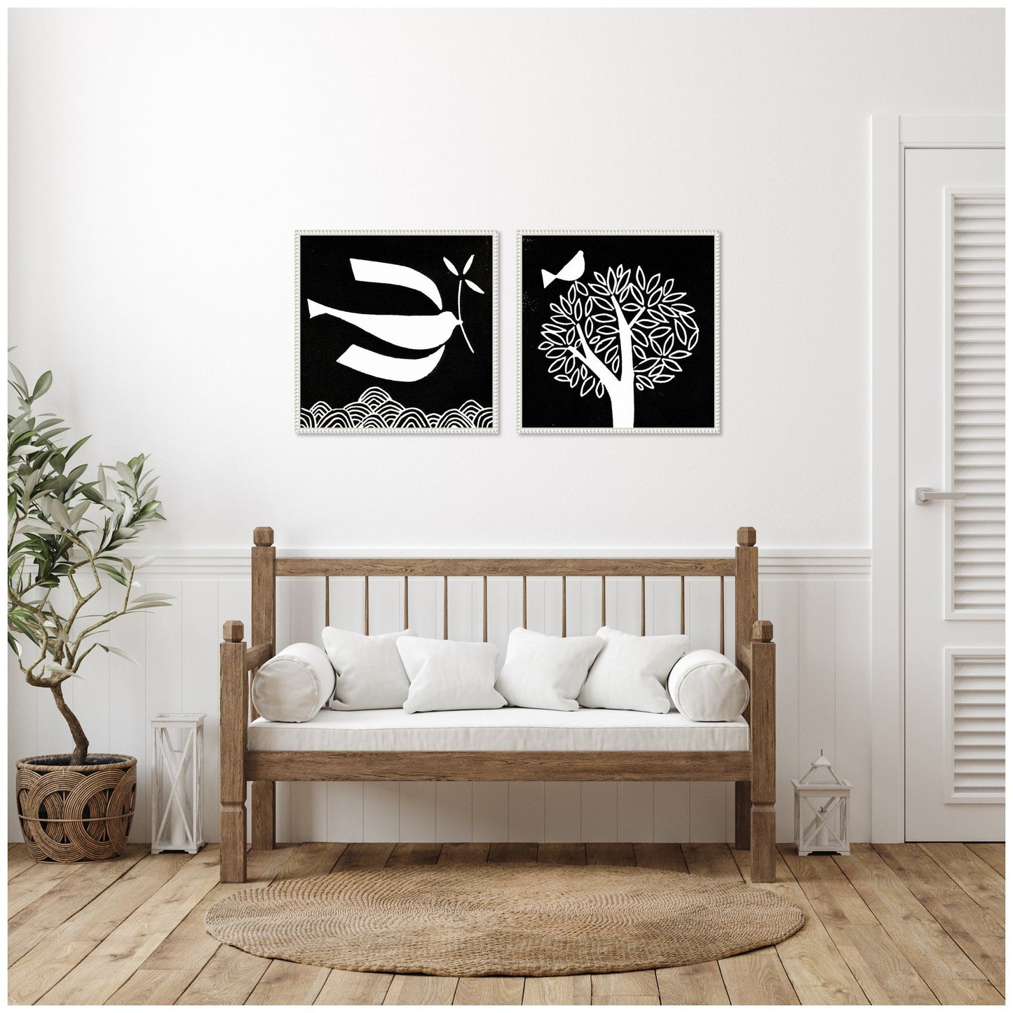 Black and White Linocut Birds Framed Canvas Art Set