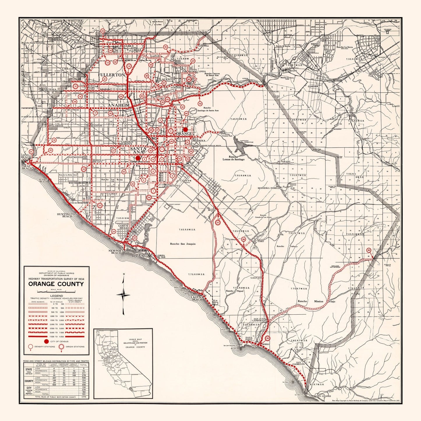 Vintage Map of Orange County, California, 1935