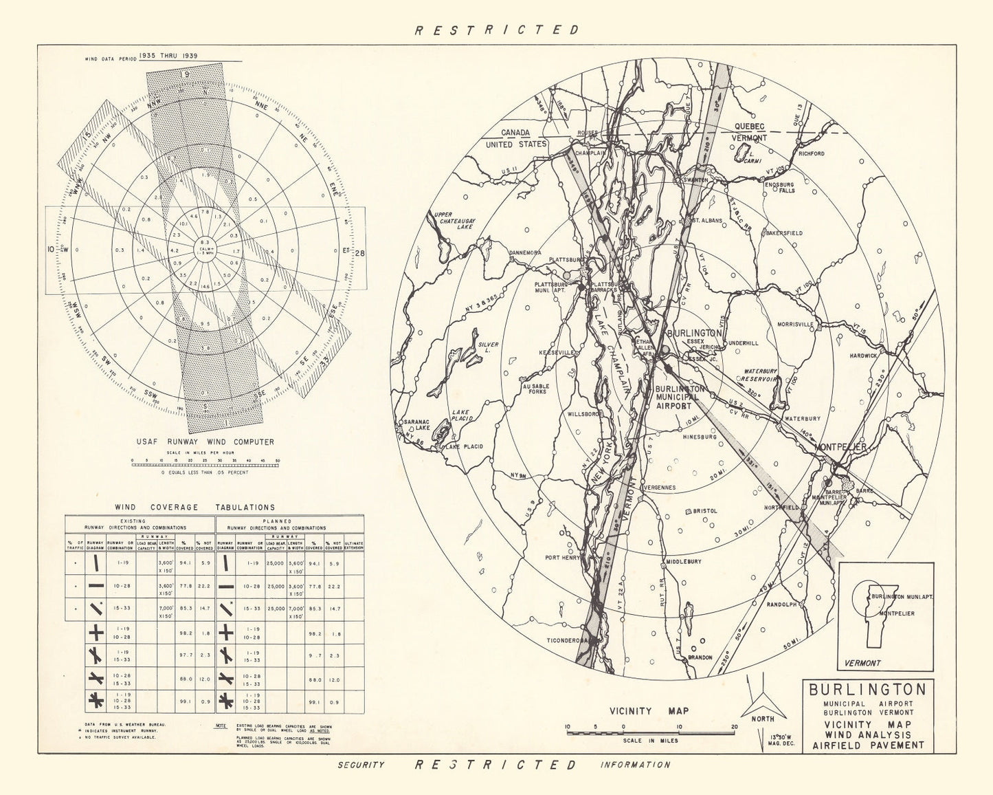 Vintage Map of Burlington Municipal Airport Vicinity, Vermont, 1952