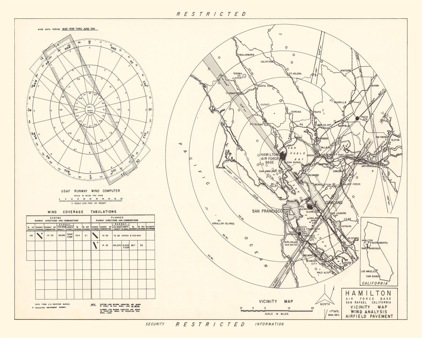 Vintage Map of Hamilton Air Force Base Vicinity, California, 1951