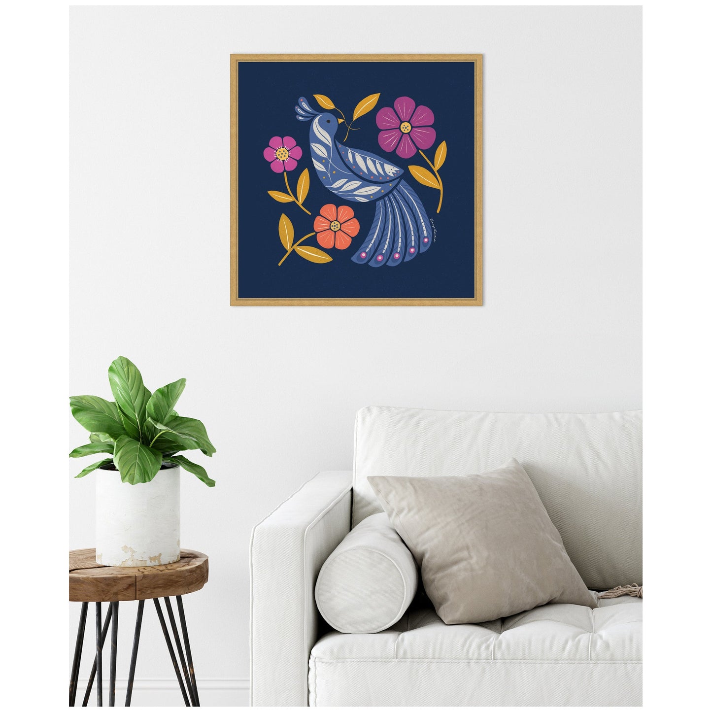 Boho Folk Art Bird Blue and Gold Framed Canvas Wall Art