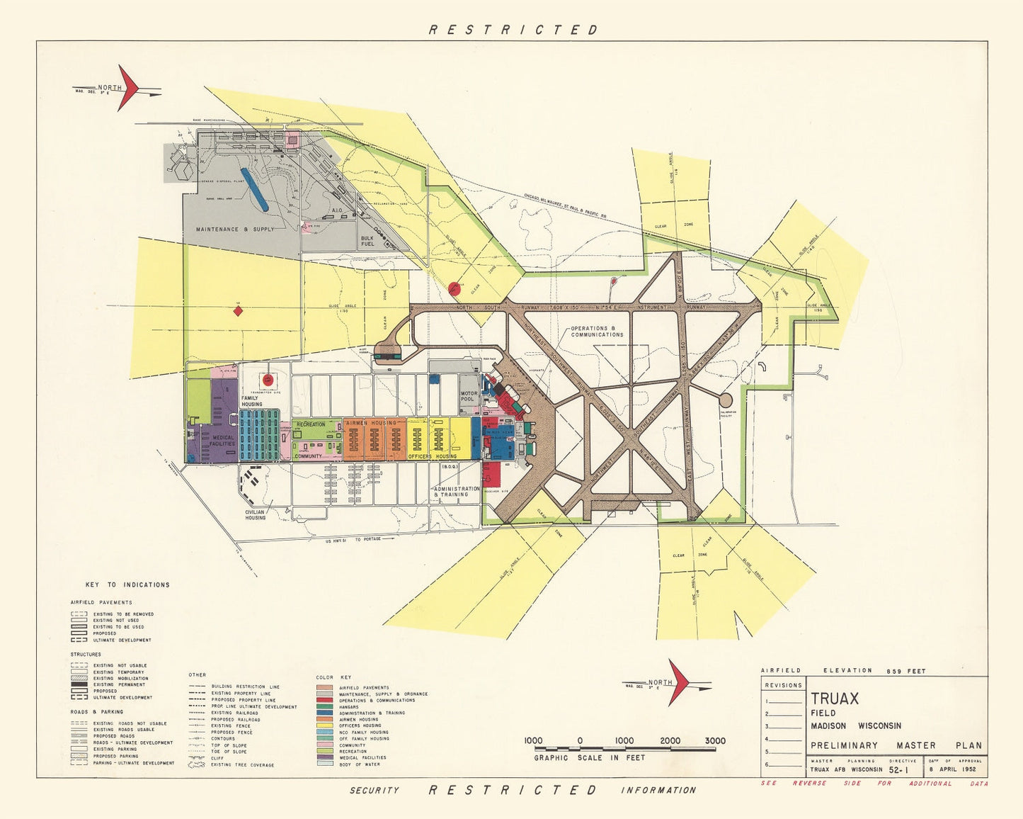 Vintage Map of Truax Field, Madison, Wisconsin, 1952