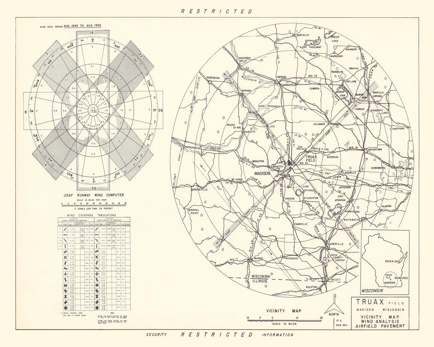 Vintage Map of Truax Field Vicinity, Madison, Wisconsin, 1952