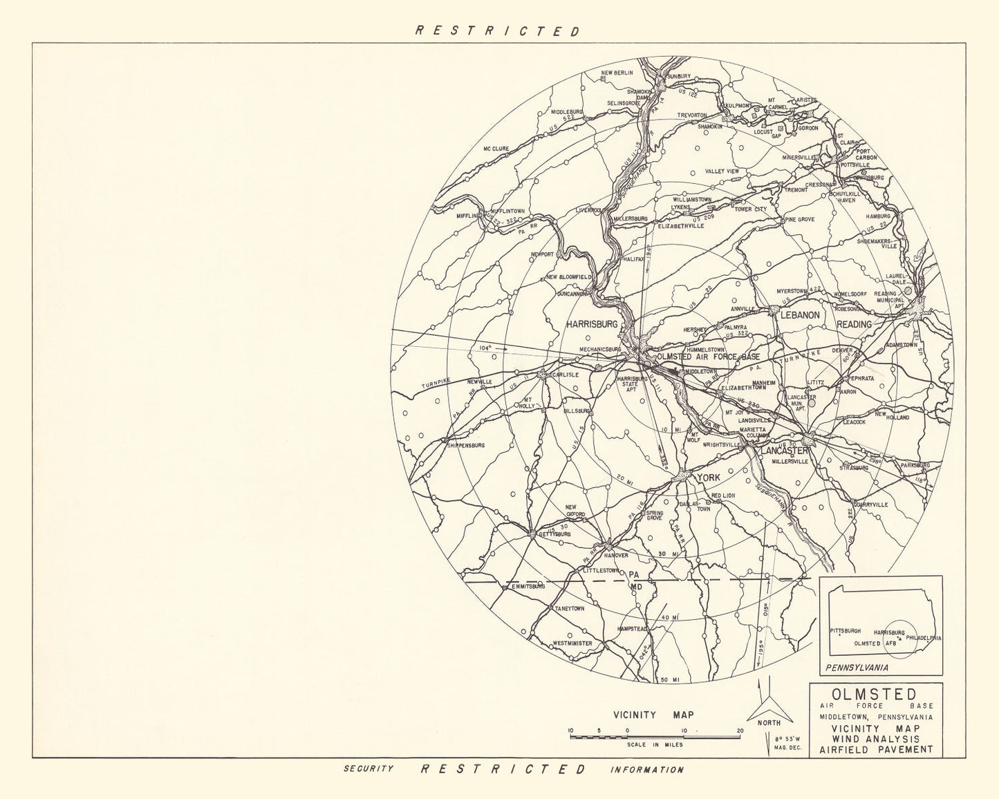 Vintage Map of Olmsted Air Force Base Vicinity, Pennsylvania, 1951