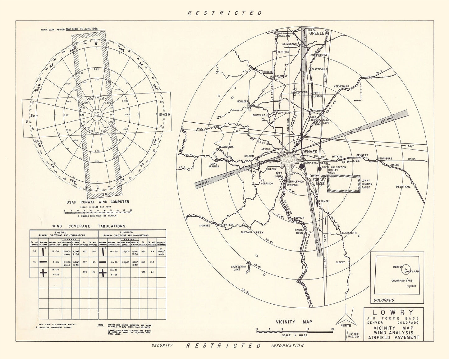 Vintage Map of Lowry Air Force Base Vicinity, Colorado, 1952