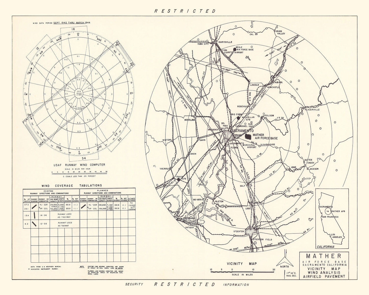 Vintage Map of Mather Air Force Base Vicinity, California, 1952