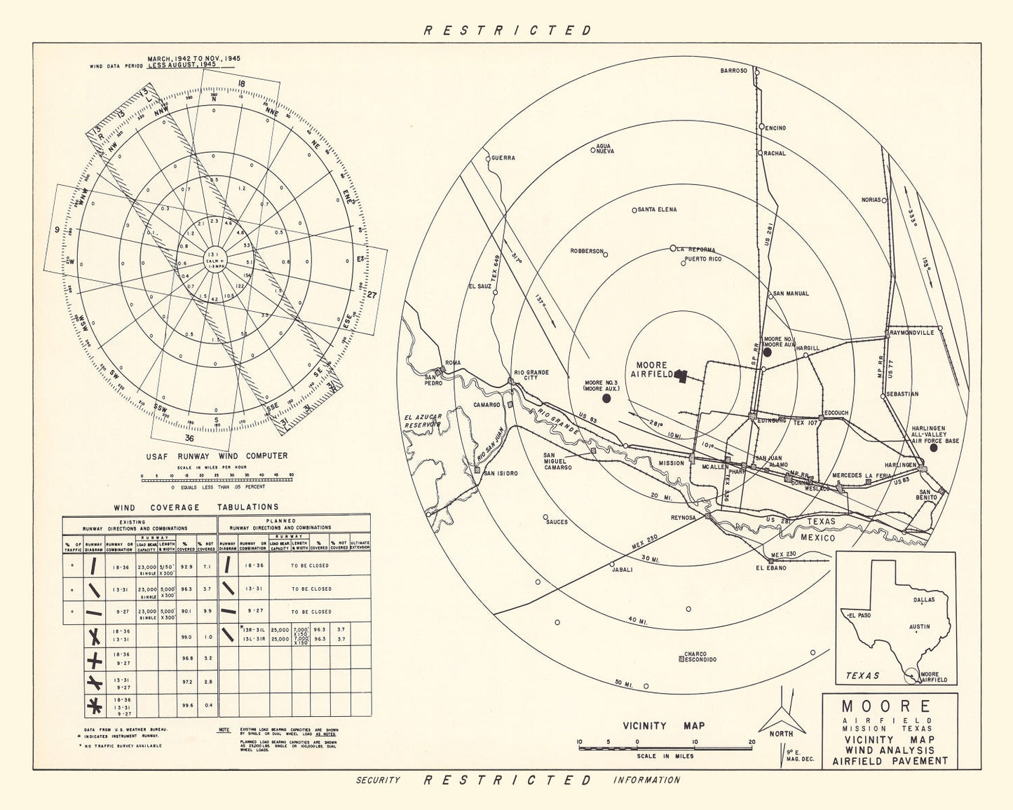Vintage Map of Moore Air Field Vicinity, Texas, 1952