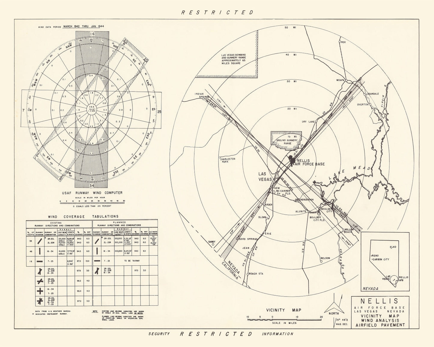 Vintage Map of Nellis Air Force Base Vicinity, Nevada, 1951