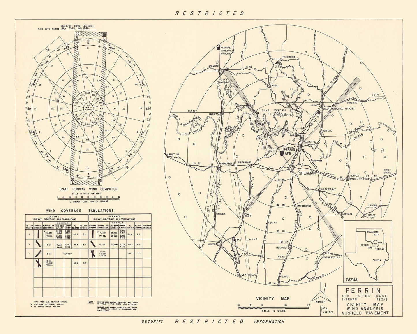 Vintage Map of Perrin Air Force Base Vicinity, Texas, 1952